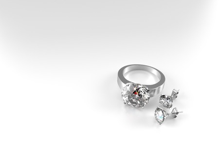 3D rendering Luxury diamonds ring and earring on white backgroundの写真素材