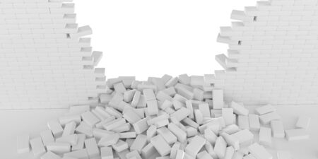 3D rendering Destruction of a white brick wall on white backgroundの写真素材