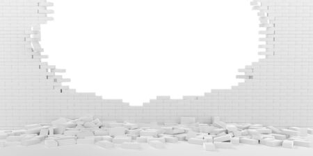 3D rendering Destruction of a white brick wall on white backgroundの写真素材