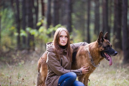 Young attractive woman posing with German Shepherd dog outdoors in the autumn park, close up, telephotoの写真素材