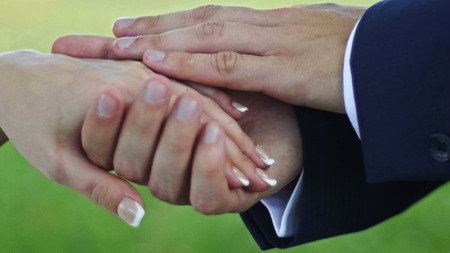 Hands of groom and bride, outdoor - in the meadow, close upの写真素材