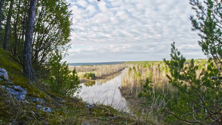 Panaramic veiw of mountain river landscape of Chusovaya river in siberia, Ural, Russia, wide angleの写真素材