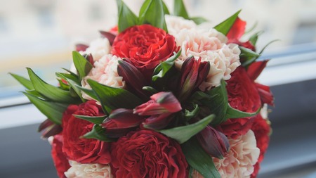 Colorful - red and green - wedding flowers - bride's bouquet at window, horizontal, close-upの写真素材
