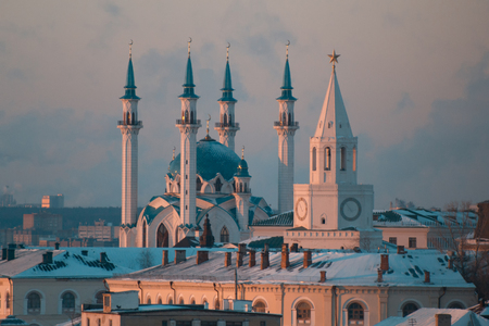 KAZAN, RUSSIA - DECEMBER 11, 2016: center of city - kremlin, mosque Kull Shariff. Winter sunset, telephoto, close upのeditorial素材