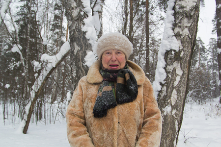 Old lady fur coat and hat standing in cold winter snow covered forestの写真素材