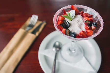 Fresh cottage cheese with juicy berries raspberries, breakfast in restaurantの写真素材