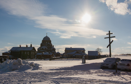 Kazan, Russia - 28 february 2017 - Sviyazhsk Island : Russian ethnic carnival Maslenitsa - Monastery against the background of a bright blue skyのeditorial素材