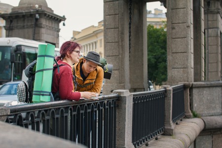 Tourists looking at the sights of the cityの写真素材