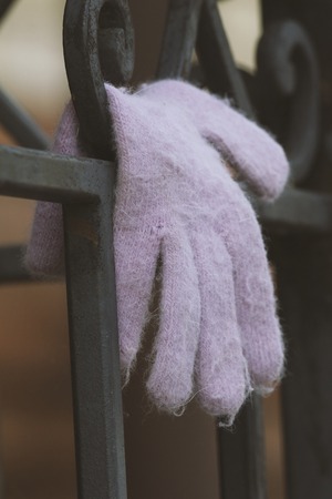 Lonely winter glove on fenceの写真素材