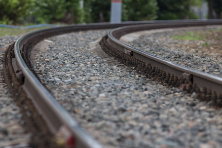 Railway tracks on crushed stone, telephotoの写真素材