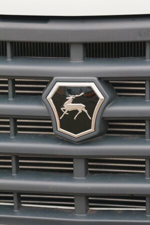 Kazan, Russia - October 28, 2017: Trademark logo deer on the hood of the small truck Gazel - Russian...