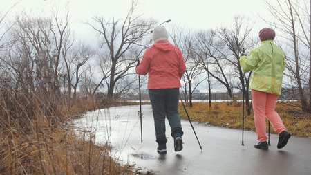 Healthy lifestyle for elderly women - nordic walking in autumn park, rear viewの写真素材