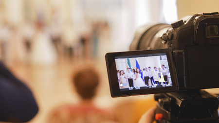 Professional videography shoots people in vintage ball costumes at the historical ballの写真素材