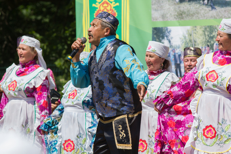 KAZAN, RUSSIA - JUNE 23, 2018: Traditional Tatar festival Sabantuy - Folk national tatar ensemble songs and dances on stageのeditorial素材