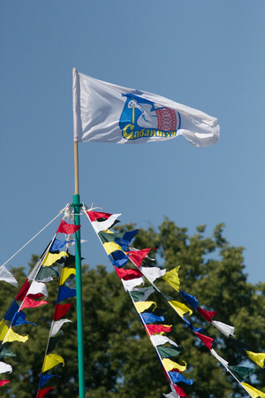 KAZAN, RUSSIA - JUNE 23, 2018: Traditional Tatar festival Sabantuy - Multi colored triangular flags hanging in the sky at the windのeditorial素材