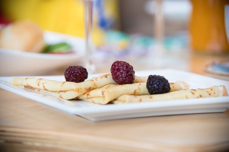 A restaurant food. Served pancakes on a plateの写真素材