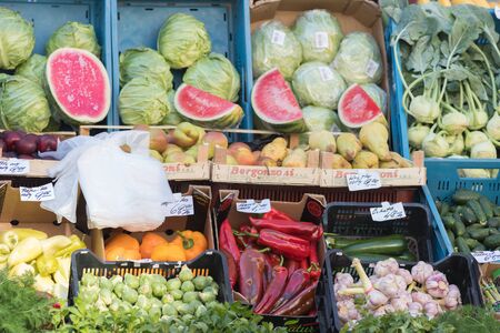 PRAGUE, CZECH REPUBLIC 16-04-2019: Colorful vegetables and fruits in the paletsのeditorial素材
