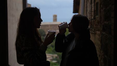 A silhoettes of two young women stand on the balcony - drinks coffee and talkingの写真素材