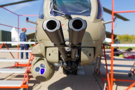 29 AUGUST 2019 MOSCOW, RUSSIA: Outdoors exhibition of airplanes - A military helicopter - double...