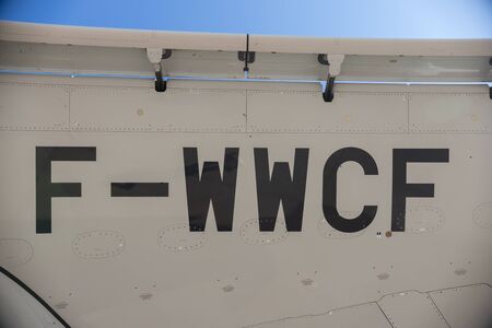 30 AUGUST 2019 MOSCOW, RUSSIA: F-WWCF aircraft sign on the carcass
