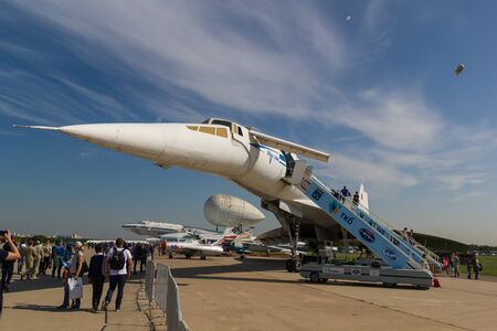 30 AUGUST 2019 MOSCOW, RUSSIA: An outdoors airplane exposition - Russian Aerospace Forces -...