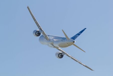 29 AUGUST 2019 MOSCOW, RUSSIA: Mid-range passenger aircraft MS-21-300 flying in the sky