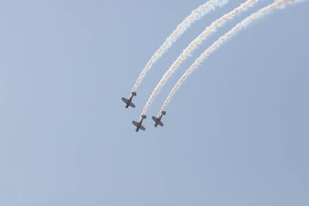 29 AUGUST 2019 MOSCOW, RUSSIA: Russian Air Force - Three military jets flying down in the sky and...