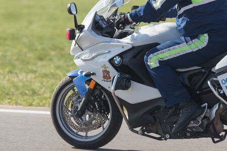 29 AUGUST 2019 MOSCOW, RUSSIA: police man riding the bikeのeditorial素材