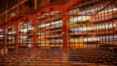 an empty grocery trolley in the supermarket near the department with canned goods. mid shotの写真素材