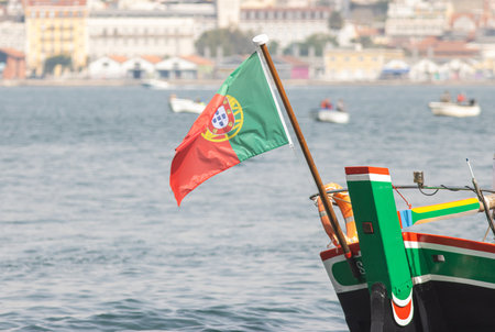 National flag of Portugal waving in the wind on ships mastの写真素材