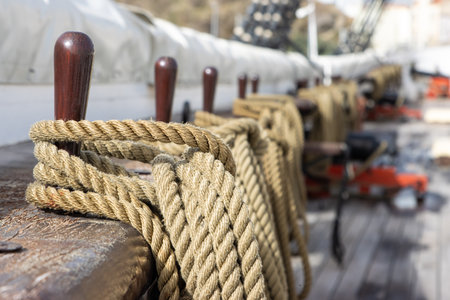 Ships tackle in a battle ship - ropes on the deck - military historical vesselの写真素材