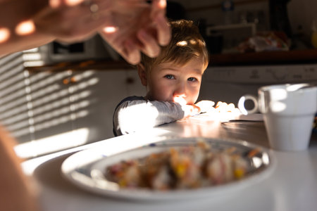 A little boy looking at food on the plateの写真素材