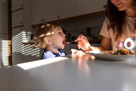 Mom feeds her little boy with a spoon in the kitchenの写真素材