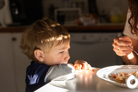 A little boy sits at the kitchen table with his momの写真素材