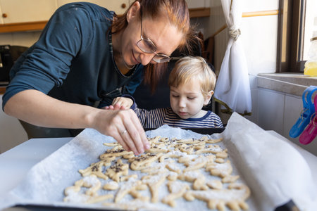 Family making cookies - a woman with her little son make cookies in the shape of dinosaursの写真素材
