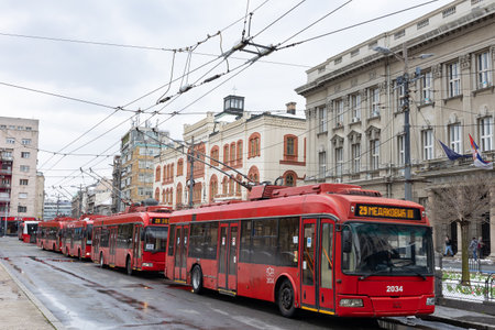 5 April 2023 Belgrade, Serbia: red trolleybuses at the stopのeditorial素材