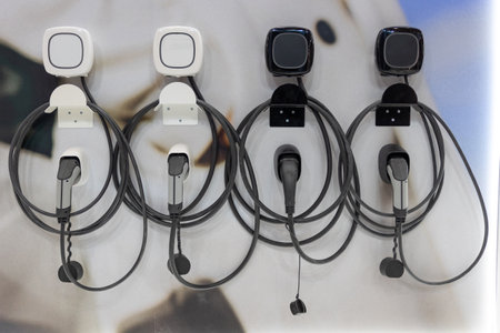 Charging handles and cables at the electric charging stationの写真素材