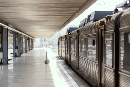 Empty train station and an old train standing on the railsの写真素材