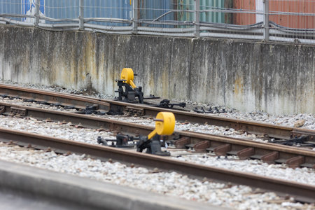 Yellow switches of railway trackingの写真素材