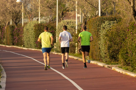 Men jogging on the street on the special tracks - view from the back