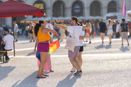 Lisbon, Portugal - 24 june 2023 - Terreiro do Paco Praca do Comercio: queer youth enjoying the pride...
