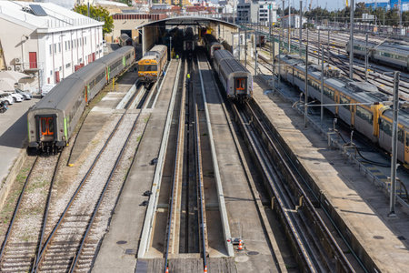 22 february 2023 Lisbon, Portugal: SIMEF Santa Apolonia - railway depot in day lightingのeditorial素材