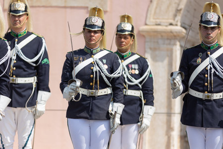 18 June 2023 Lisbon, Portugal: military parade - men and women from the guard police standing in the...