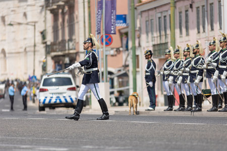18 June 2023 Lisbon, Portugal: Military parade on the street during the ceremonial changing of the...