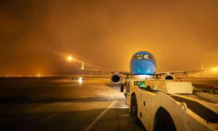 Airport transporter moves airplane on the runway at nightの写真素材