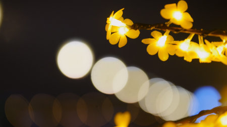 Yellow flower shaped christmas lights shining at night with bokeh effectの写真素材