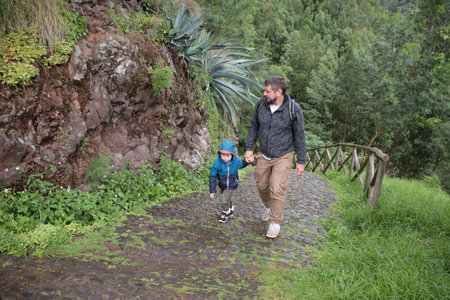 Father and son hiking on cobblestone path in lush green forest