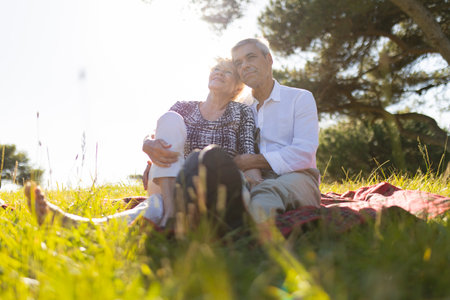 Senior couple relaxing in a park, embracing and enjoying sunny dayの写真素材