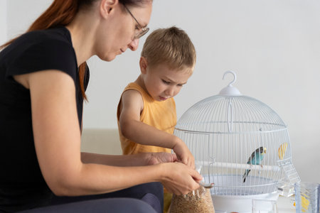 Mother and son feeding a parrot in a cage at homeの写真素材
