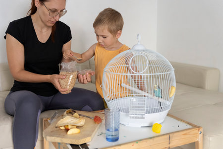 Mother and son feeding pet budgie bird in cageの写真素材